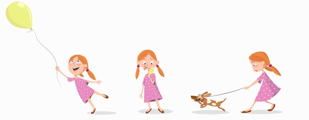 Set with a little girl in different situations. The child plays with a ball, a dog, with ice cream. flat illustration