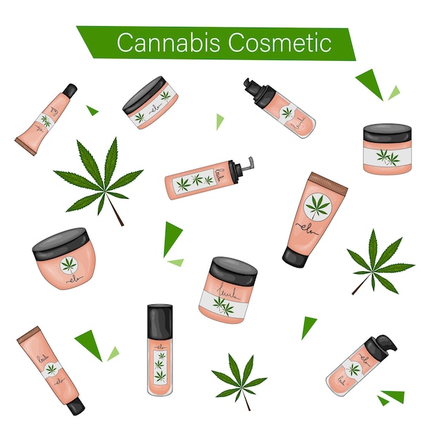 Set with natural cannabic cosmetics. Cartoon style. Vector illustration.