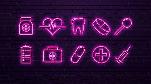 A set with neon icons for medicine heart cross syringe capsule tablet tooth magnifying glass against a purple brick wall