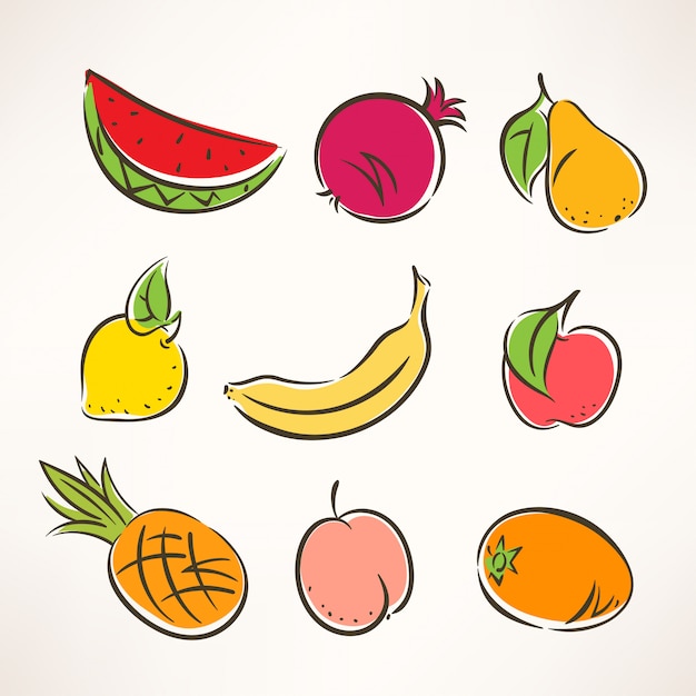 set with nine different colored stylized fruits