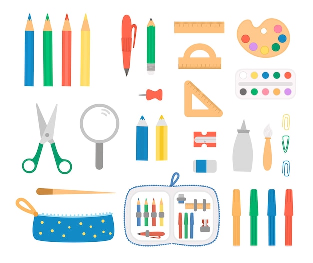 Set with pen and pencil icons. Vector colored stationery, writing materials, school or art supplies