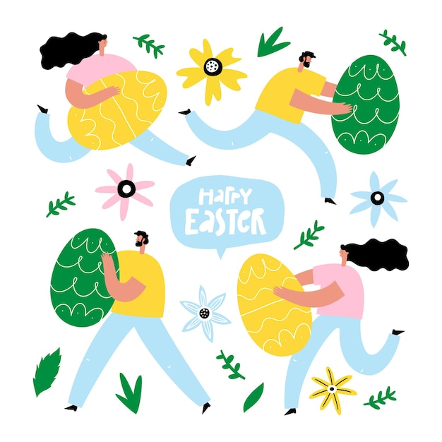 set with people holding eggs and hand drawn text Happy Easter