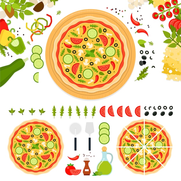 Set with pizza tomato olives pepper zucchini mushrooms oil for shop and advertising