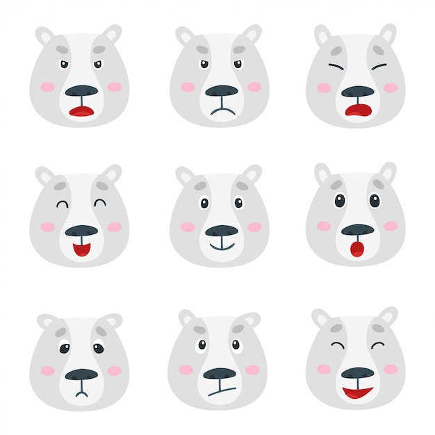 set with polar bear emotion faces isolated