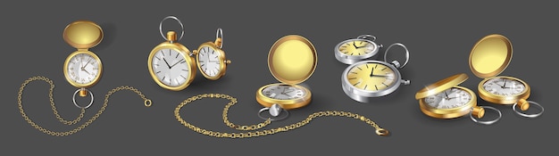 Set with realistic 3d models of gold, chrome and silver pocket watches. Collection of classic pocket Watches