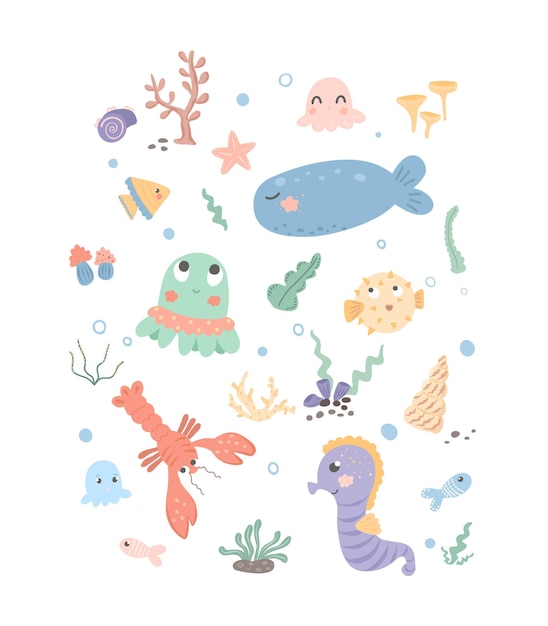 Set with sea creatures Cartoon characters of the underwater world