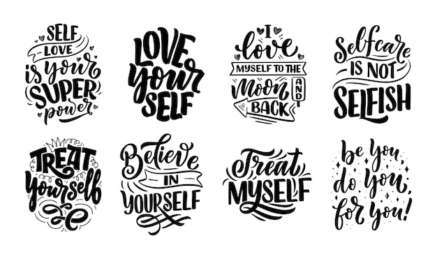 Set with selfcare lettering quotes