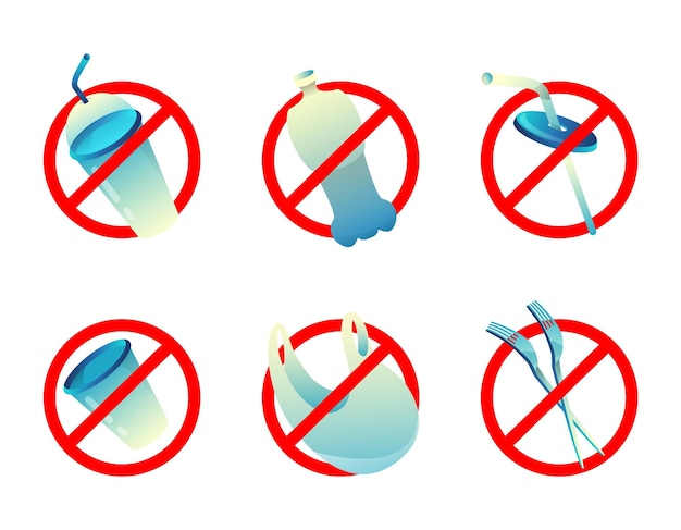 Set with sign of stop use plastic garbage Trash icons with crossed out red prohibition circle