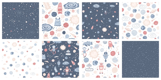 Set with Space seamless pattern with alien spaceship, rocket, astronaut and robots with colorful planets and stars. hand-drawn childish illustration in simple Scandinavian style