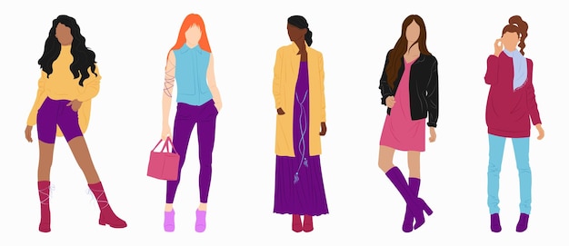 Set with stylish women in different clothes in minimalism style Urban style