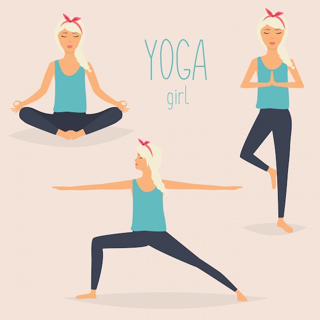 Set with woman in various poses of yoga. Healthy lifestyle.  illustration.