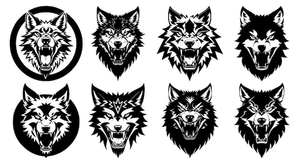 Set of wolf heads with open mouth and bared fangs with different angry expressions of the muzzle Symbols for tattoo emblem or logo isolated on a white background