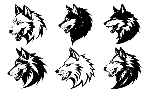 Set of wolf heads with open mouth and bared fangs with different angry expressions of the muzzle Symbols for tattoo emblem or logo isolated on a white background