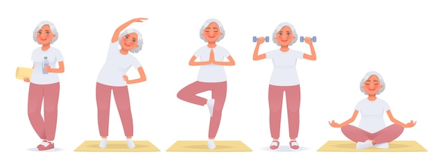 Set of  woman character doing fitness yoga leading active lifestyle elderly woman Sports in old age