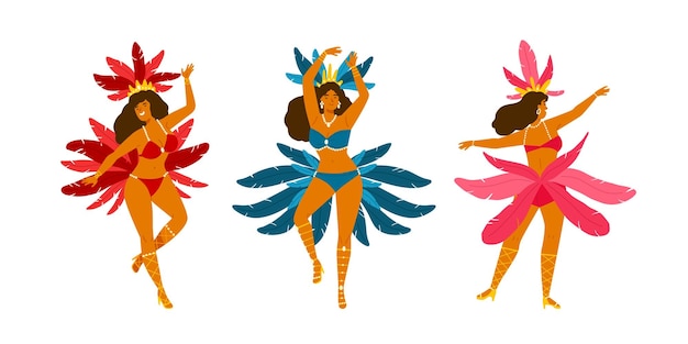 Set of woman in colorful Brazilian carnival costumes dancing samba vector flat illustration. Latino girl wearing bright apparel with feather isolated. Festive dancers female demonstrate motions.