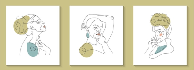 Set of Woman face minimal hand drawn line art portrait  