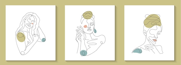 Set of Woman face minimal hand drawn line art portrait  