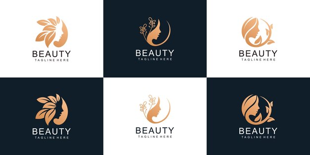 Set of woman face with leaf style stylized beauty salon logo