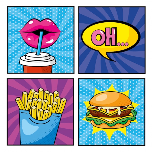 Set woman mouth drinking soda and fastfood with pop art message