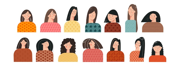 Set of woman's portrait modern minimalist aesthetic flat vector illustration. Contemporary bright face of female character with cute texture. Group of young trendy girls isolated on white background