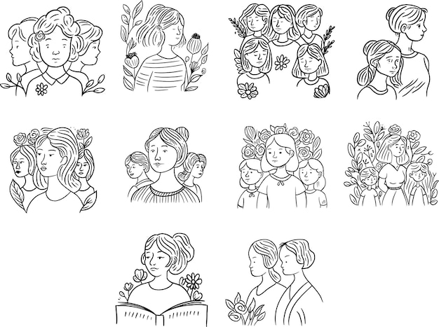 a Set of Woman in Unity Outline Illustrations