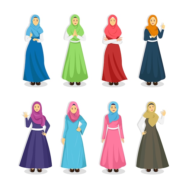 Set of woman wear hijab trendy style various woman character collection Premium Vector