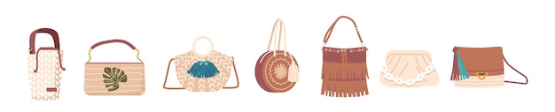 Set of Women Bags and Clutches in Eco or Boho Style Isolated on White Background Modern Textile or Leather Handbags