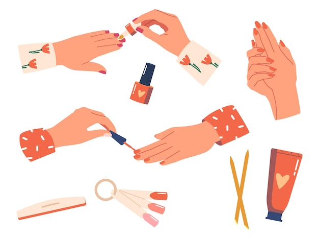 Set Women Hands Manicure Procedure Female Character Cover Nails with Polish Color Palette Nail File Wooden Sticks Hand Cream Tube Isolated on White Background Cartoon People Vector Illustration