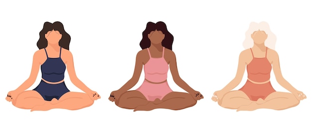 Set of women in the lotus position Collection of girls doing yoga African woman is meditating Vector illustration Flat style