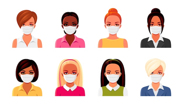 set of women in medical masks with various hairstyles