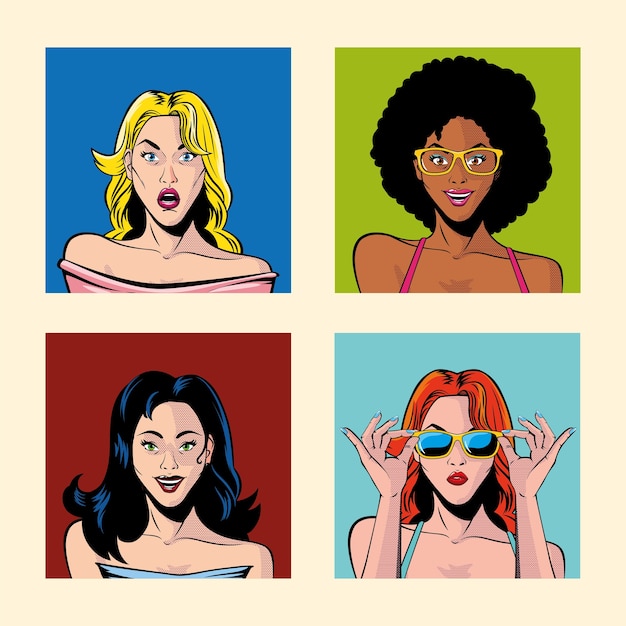 Set of women portraits, pop art style illustration design