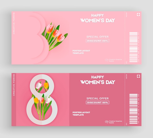 Set of women's day ticket. 8 march holiday background with realistic flowers. Vector illustration