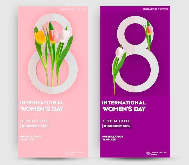 Set of women's day ticket. 8 march holiday background with realistic flowers. Vector illustration