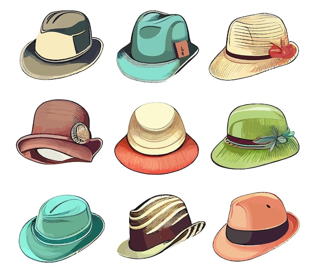 Set of women's hats on a white background. Colorful cartoon vector set. Flat style. Vector