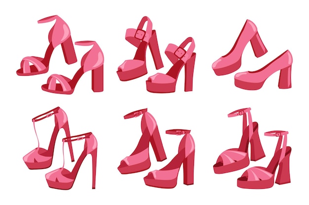 Set of women's highheeled shoes in retro style Collection of pink vintage shoes