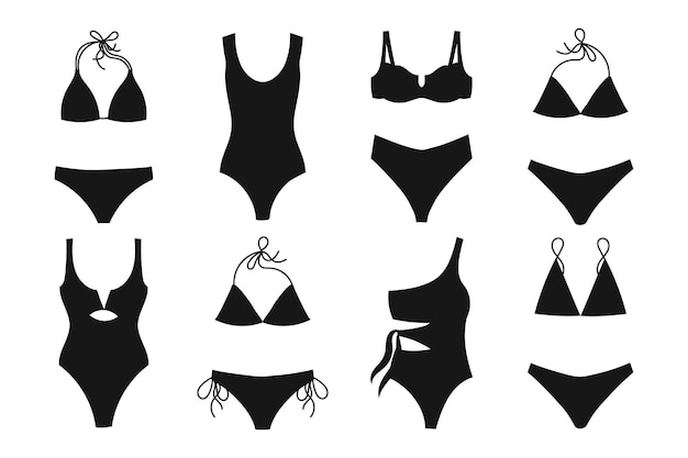 Set of women's swimwear swimsuits on a white background Women's clothing icons black silhouette