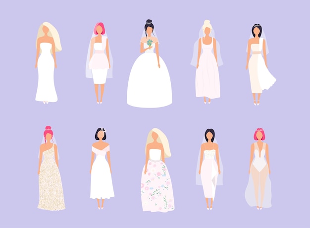 Set of women in wedding dresses in different styles.  illustration.