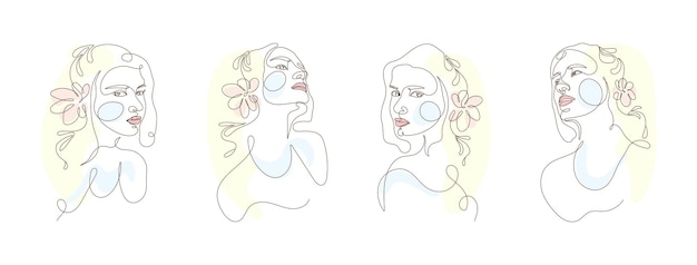 Set of Women with Floral in Elegant Line Art Style