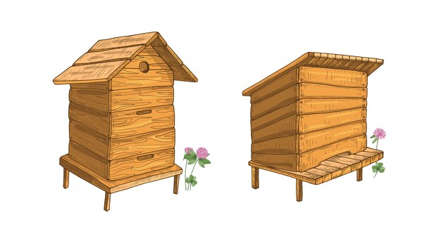 Set of wooden beehives isolated on white