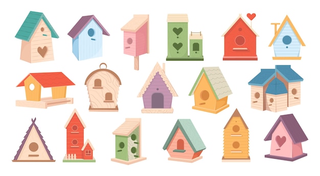 Set of wooden birdhouses colorful bird feeders in different designs House or nest with round