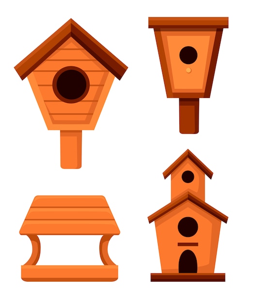 Set of wooden birdhouses. Nesting boxes  style. Homemade building for birds, handmade object.   illustration  on white background