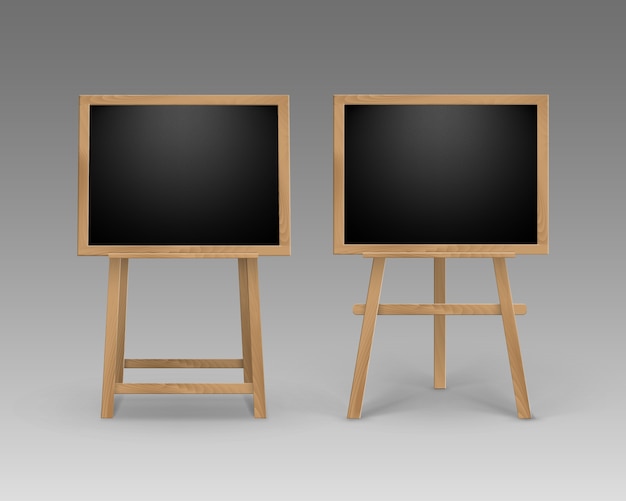   Set of Wooden Easels with Empty Blank Square Black Boards Isolated on Background