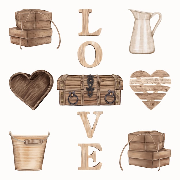 Set of wooden items for Valentine's Day