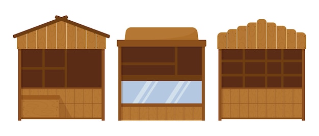 Set of wooden street stalls empty stalls for selling goods Decor elements templates vector