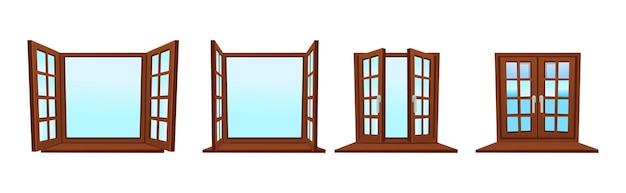 Vector set of wooden vector windows open and closed for animation cartoon