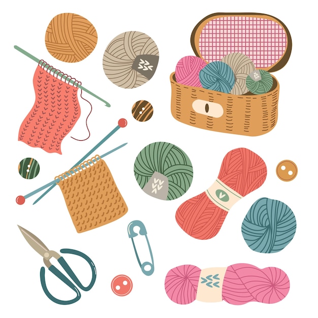 Set of wool yarn balls knitting flat design vector