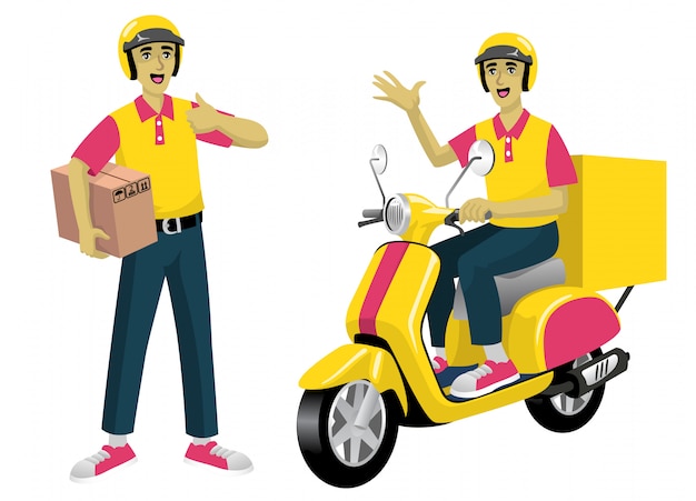 Set worker of courier service and the scooter