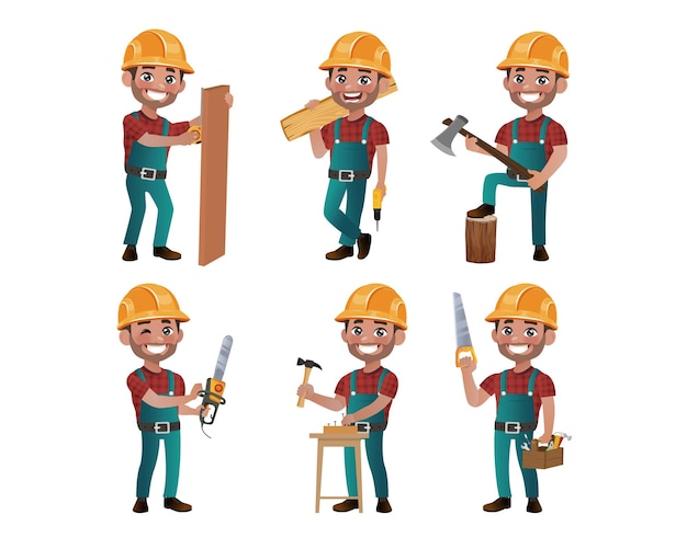 Set of worker with different poses