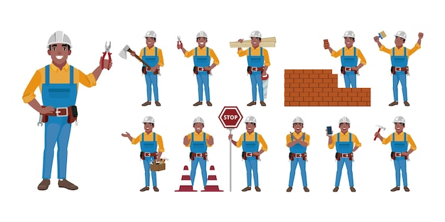 Set of worker with different poses