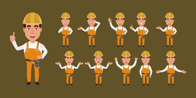 Set of worker with different poses